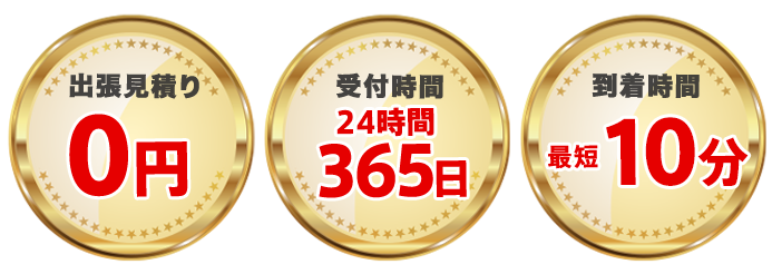 到着時間最短10分、出張見積り0円、受付時間24時間365日